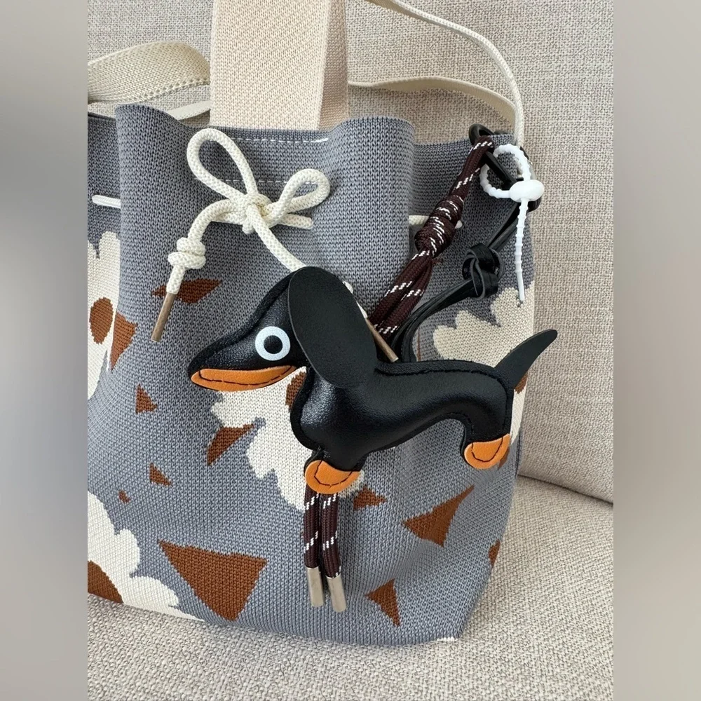 New Blue, Mocha & Flowers Woven Bucket Bag Handbag Purse w/ Dachshund Charm